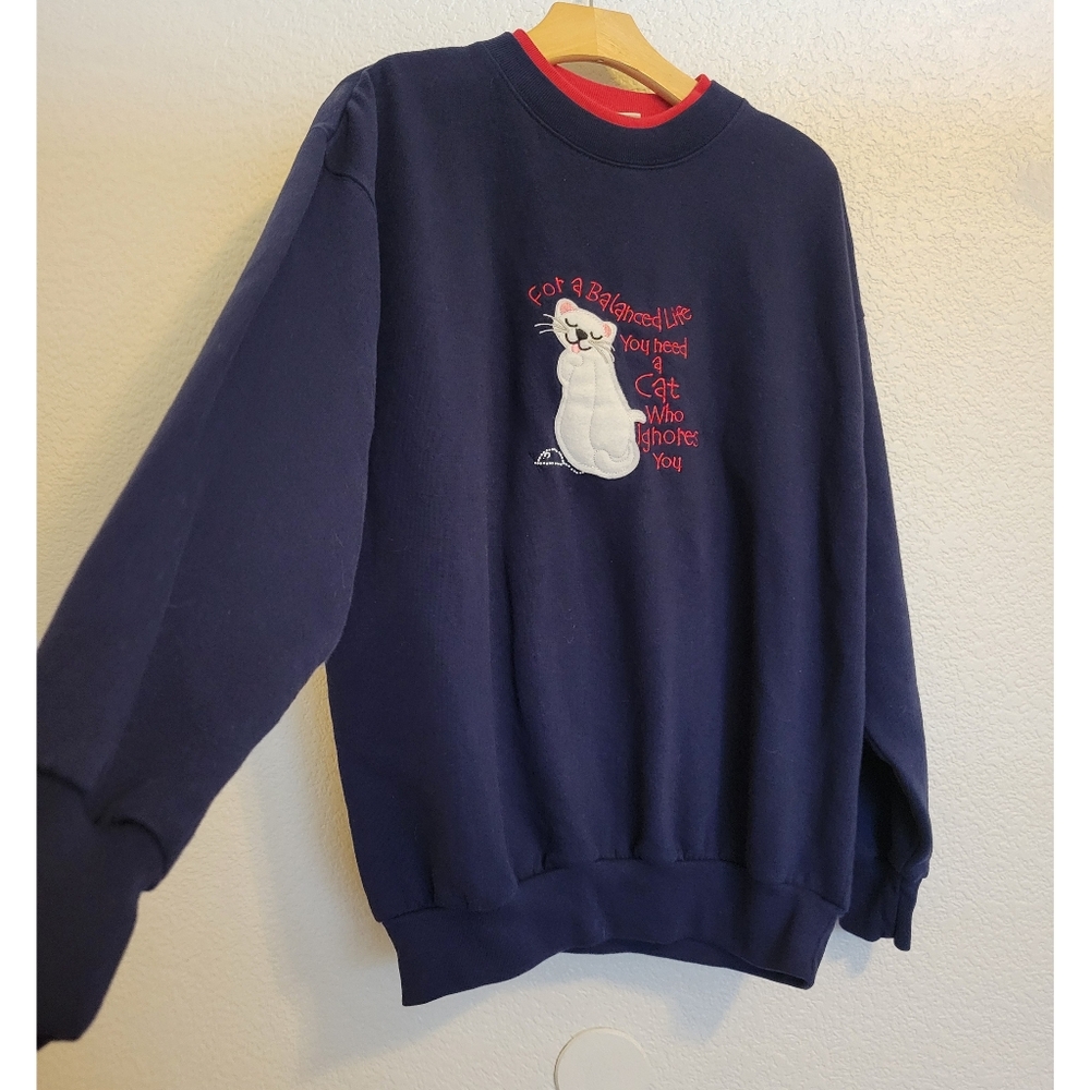 VNT NWOT Unisex Navy Blue Cat Embroidered Men's Sweater Double Collar Feel Red M